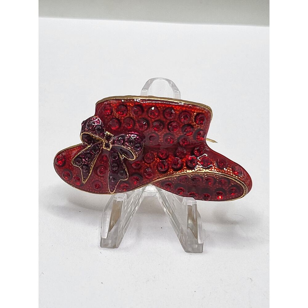 Red Rhinestone Red Hat Society Brooch Pendant Gold Tone with Bow 2.25" x 1 1/8"
